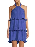 Pleated Chiffon & Georgette Halter Minidress