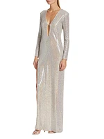 Long-Sleeve Sequin Gown