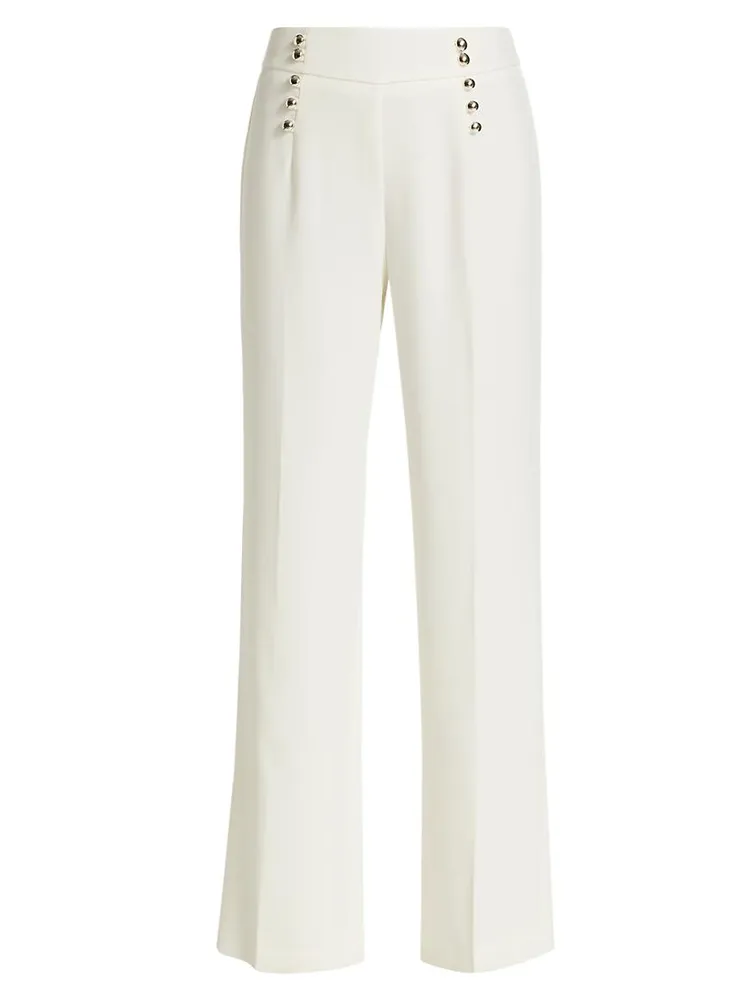 Button-Embellished Crepe Straight-Leg Trousers