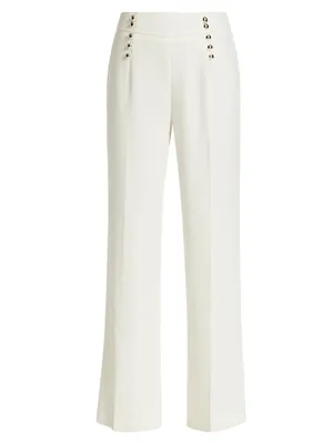 Button-Embellished Crepe Straight-Leg Trousers