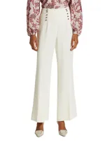 Button-Embellished Crepe Straight-Leg Trousers