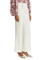 Button-Embellished Crepe Straight-Leg Trousers