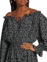 Night Floral Silk Off-The-Shoulder Midi-Dress