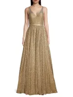 Illusion Metallic-Knit Flared Gown