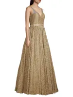 Illusion Metallic-Knit Flared Gown