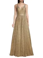 Illusion Metallic-Knit Flared Gown