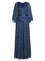 Cape Sequin Beaded Gown