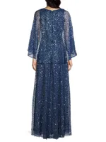 Cape Sequin Beaded Gown