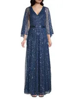 Cape Sequin Beaded Gown