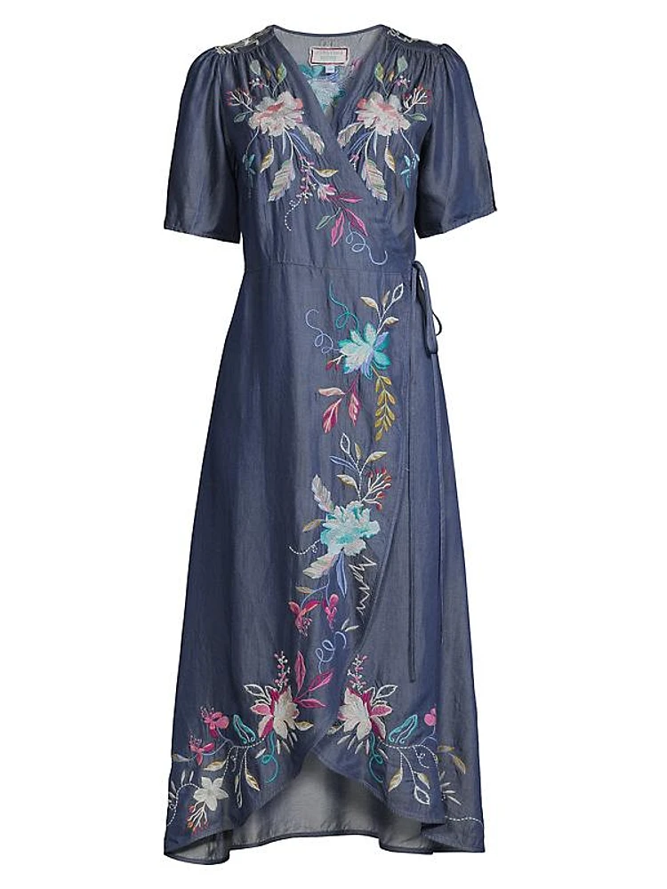 Nico Wrap Floral Embroidered Midi-Dress