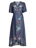 Nico Wrap Floral Embroidered Midi-Dress