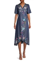 Nico Wrap Floral Embroidered Midi-Dress