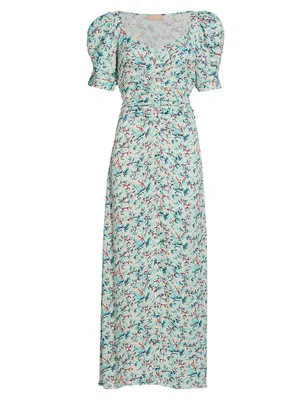 Rose-Printed Ruched Maxi Dress