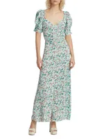 Rose-Printed Ruched Maxi Dress