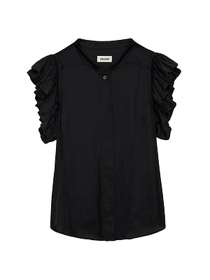 Tiza Ruffled-Shoulder Satin Blouse