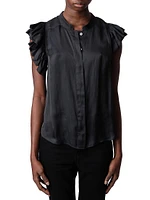 Tiza Ruffled-Shoulder Satin Blouse