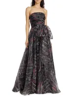 Printed Strapless Organza Gown