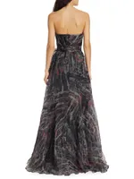 Printed Strapless Organza Gown