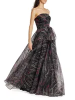 Printed Strapless Organza Gown