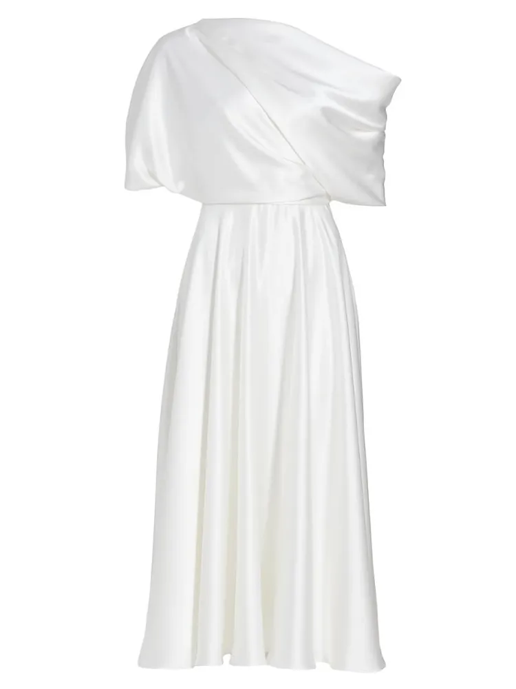 Draped Off-The-Shoulder Satin Midi-Dress