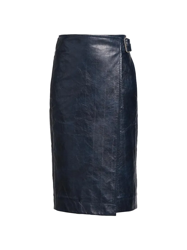 Belted Leather Wrap Midi-Skirt