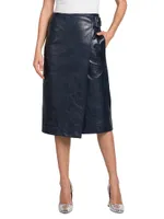 Belted Leather Wrap Midi-Skirt