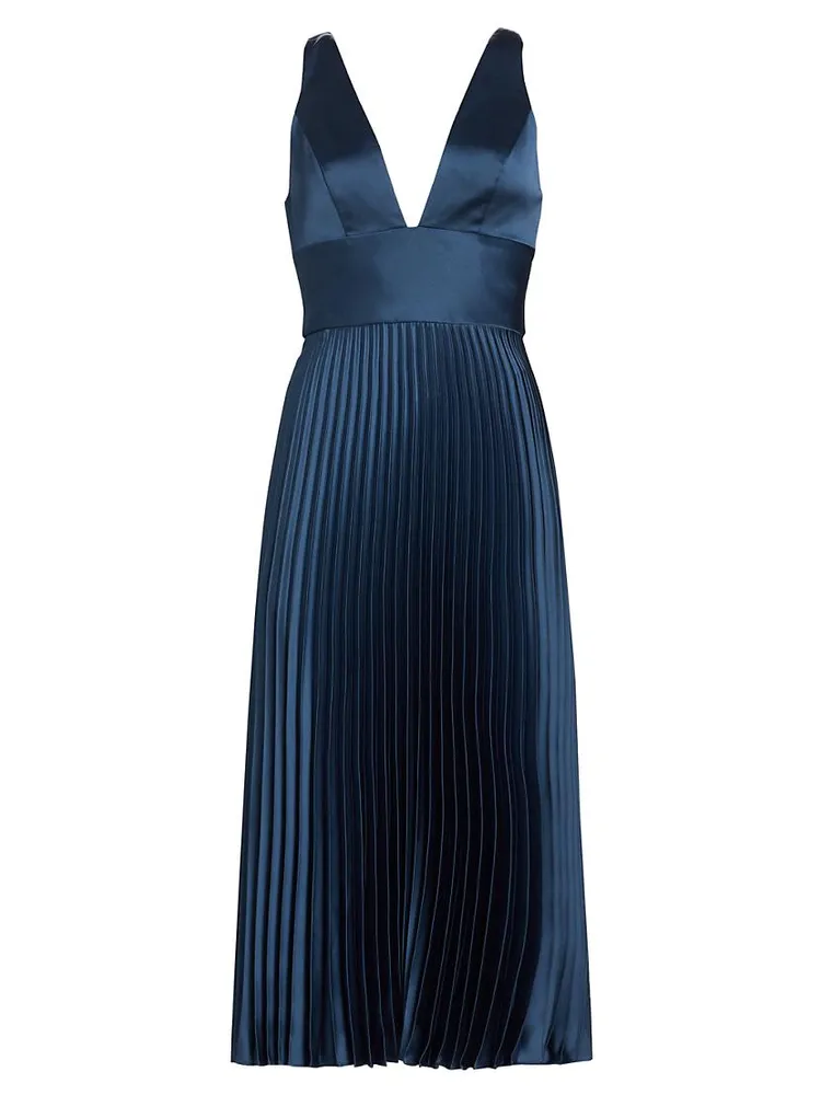 Satin V-Neck Pleated Midi-Dress