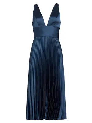 Satin V-Neck Pleated Midi-Dress