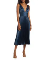 Satin V-Neck Pleated Midi-Dress