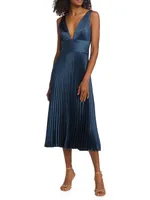 Satin V-Neck Pleated Midi-Dress