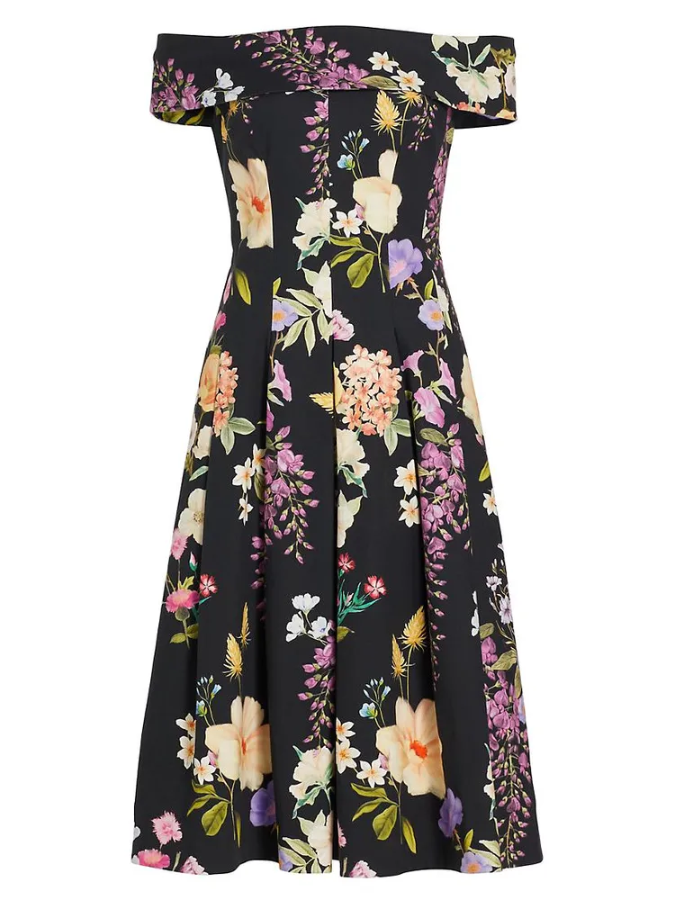 Pleated Floral Stretch Cotton Dress