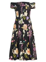 Pleated Floral Stretch Cotton Dress