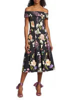 Pleated Floral Stretch Cotton Dress