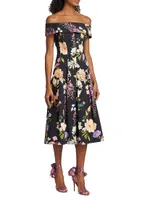 Pleated Floral Stretch Cotton Dress