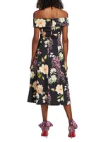 Pleated Floral Stretch Cotton Dress