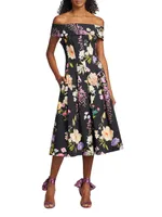 Pleated Floral Stretch Cotton Dress