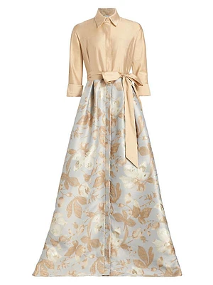 Belted Taffeta & Jacquard Shirt Gown