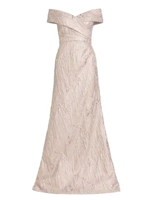 Metallic Jacquard Off-The-Shoulder Gown