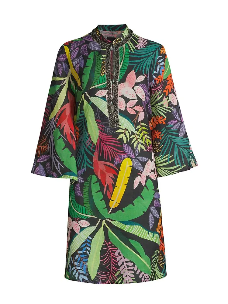 Embellished Jungle-Print Linen Dress