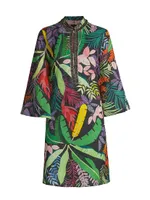 Embellished Jungle-Print Linen Dress