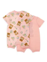Baby Girl's Bear & Toy Rattle Print Romper Set, Pack of 2