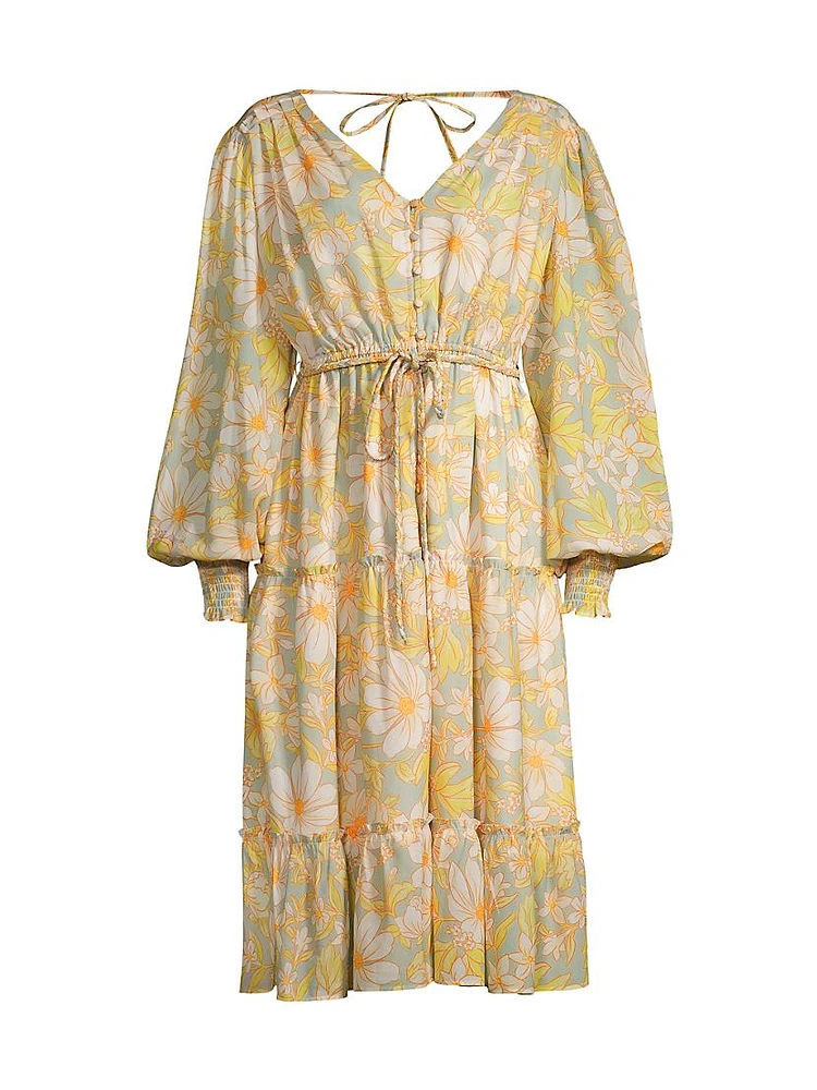 Daisy Floral Chiffon Drawstring Midi-Dress