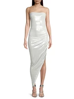 Asymmetric Strapless Lamé Gown