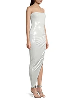 Asymmetric Strapless Lamé Gown