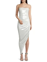 Asymmetric Strapless Lamé Gown