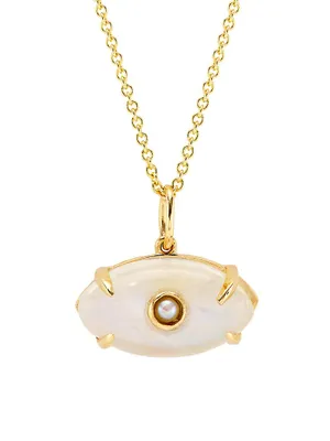 14K Yellow Gold, Rainbow Moonstone & Freshwater Pearl Evil Eye Pendant Necklace