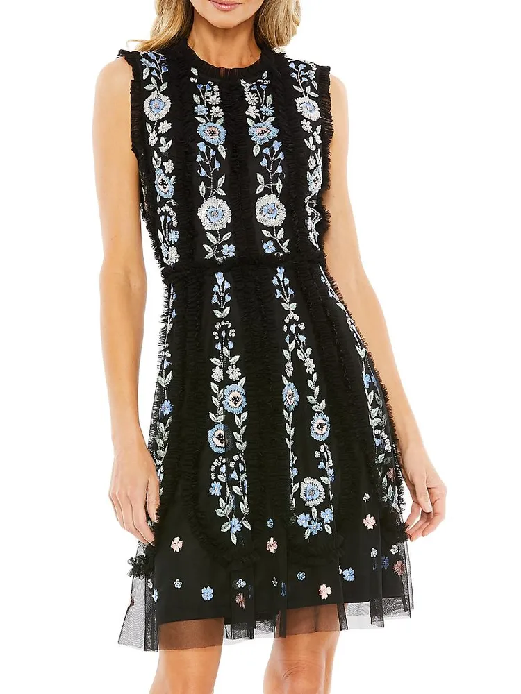 Mac Floral-Embroidered Chiffon Minidress