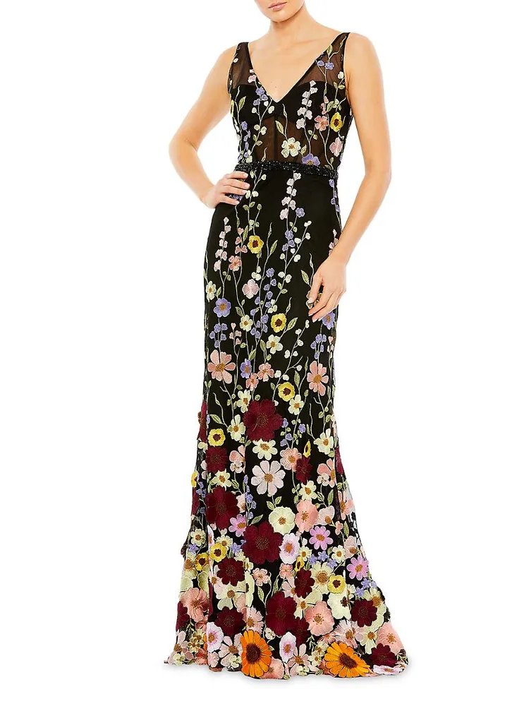 Mac Floral-Embroidered Tulle Gown