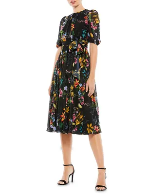 Ieena Belted Floral Chuffon Midi-Dress