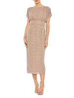 Beaded Mesh Column Midi-Dress